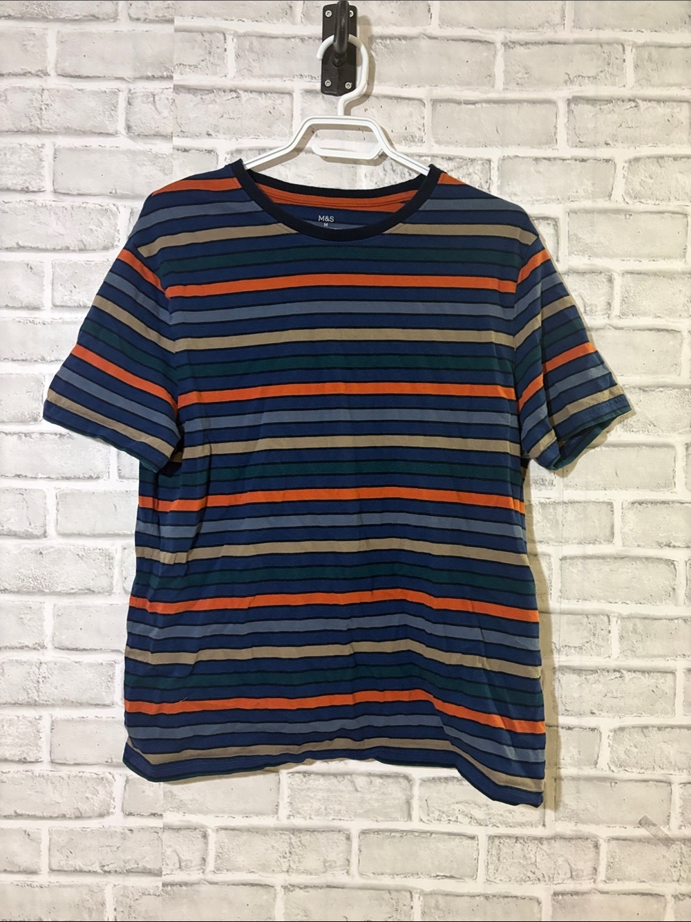 Mark & Spenser (M&S) Navy Multi-Stripe Short Sleeve Crew Tee loungewear medium